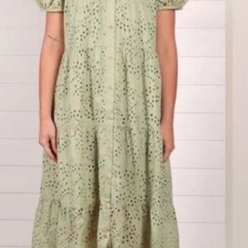 Button-Front Eyelet Tiered Dress in Sage Green